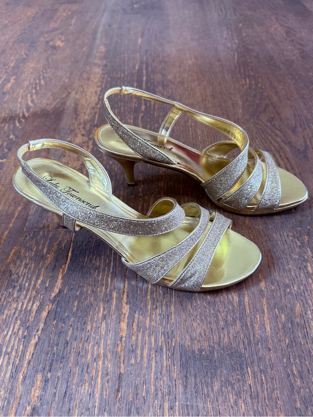 Lulu Townsend Gold Glitter Strappy Heels Formal Evening Sandals size 9.5